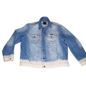 Wrangler Denim Button Front Trucker Jacket Bleach Dipped Unisex XL Boho Western